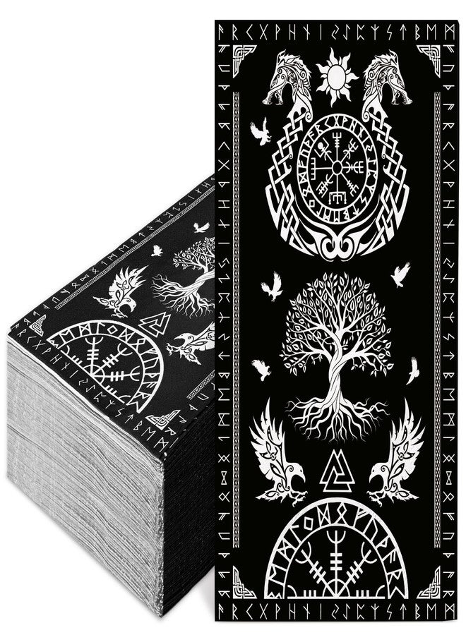 JarThenaAMCS مناديل جارثينا إيه إم سي إس السوداء، 100 قطعة، بتصميم شجرة الحياة الفايكنجية، وخوذة الغراب المهيبة، للاستخدام مرة واحدة، مناسبة للعشاء، ومناشف اليد، والمناديل الورقية، ولوازم المائدة لحفلات الأعياد. - Image 1